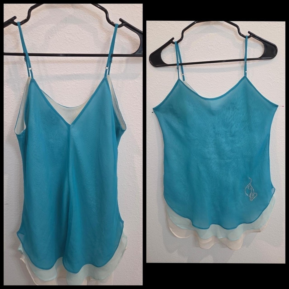 Baby Phat Intimates Blue White Sheer Overlay Cami Top Y2K Vintage Rhinestone Cat